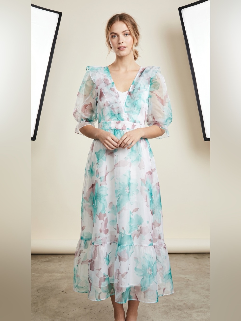 Sheer Floral Maxi Dress in Mint and Blush